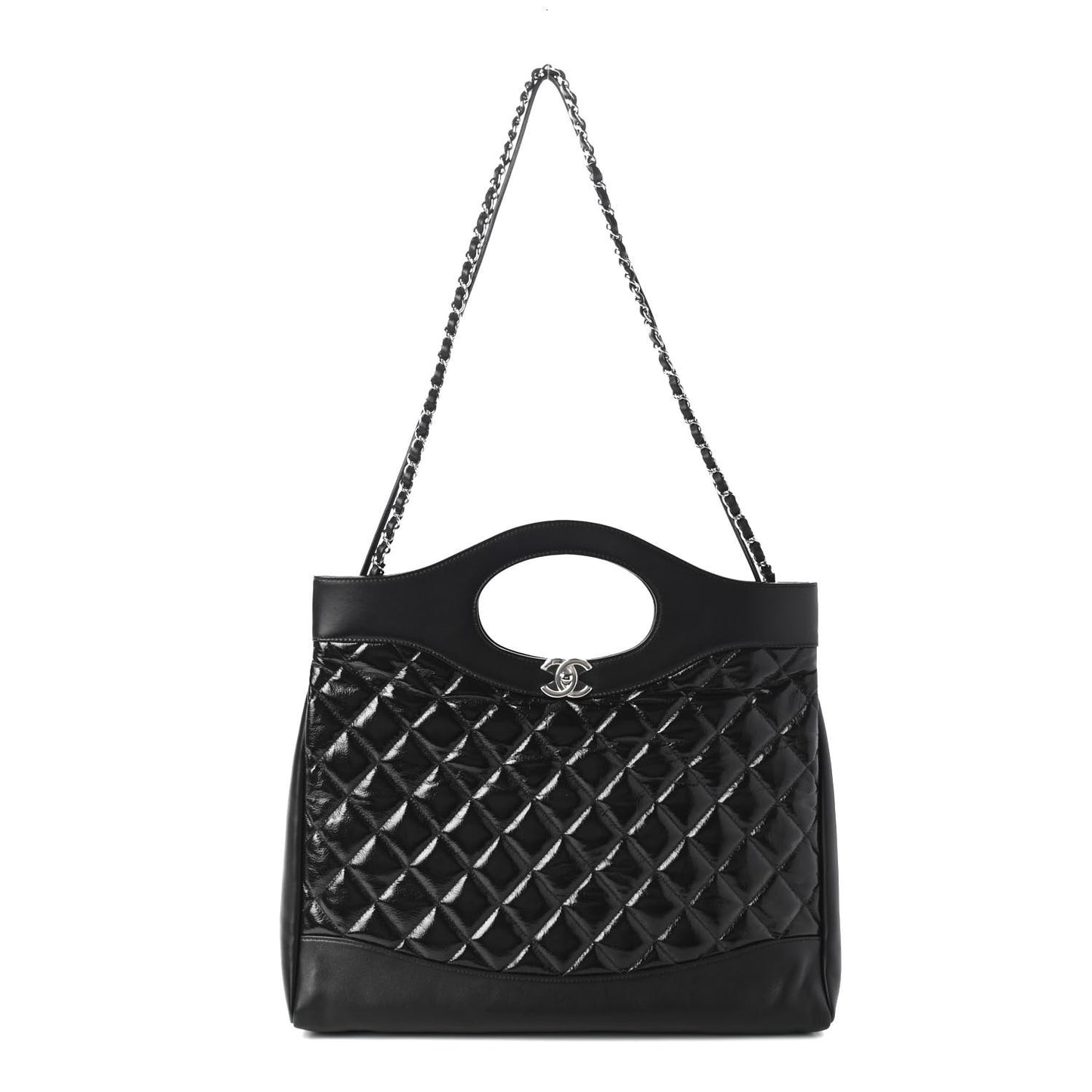 Shiny Aged Calfskin Quilted Large 31 Shopping Bag Black