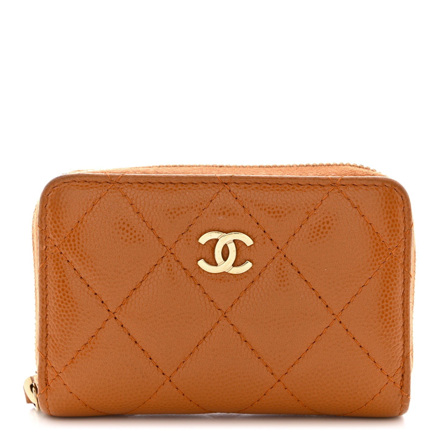 Caviar Quilted Zip Around Coin Purse Wallet Light Brown