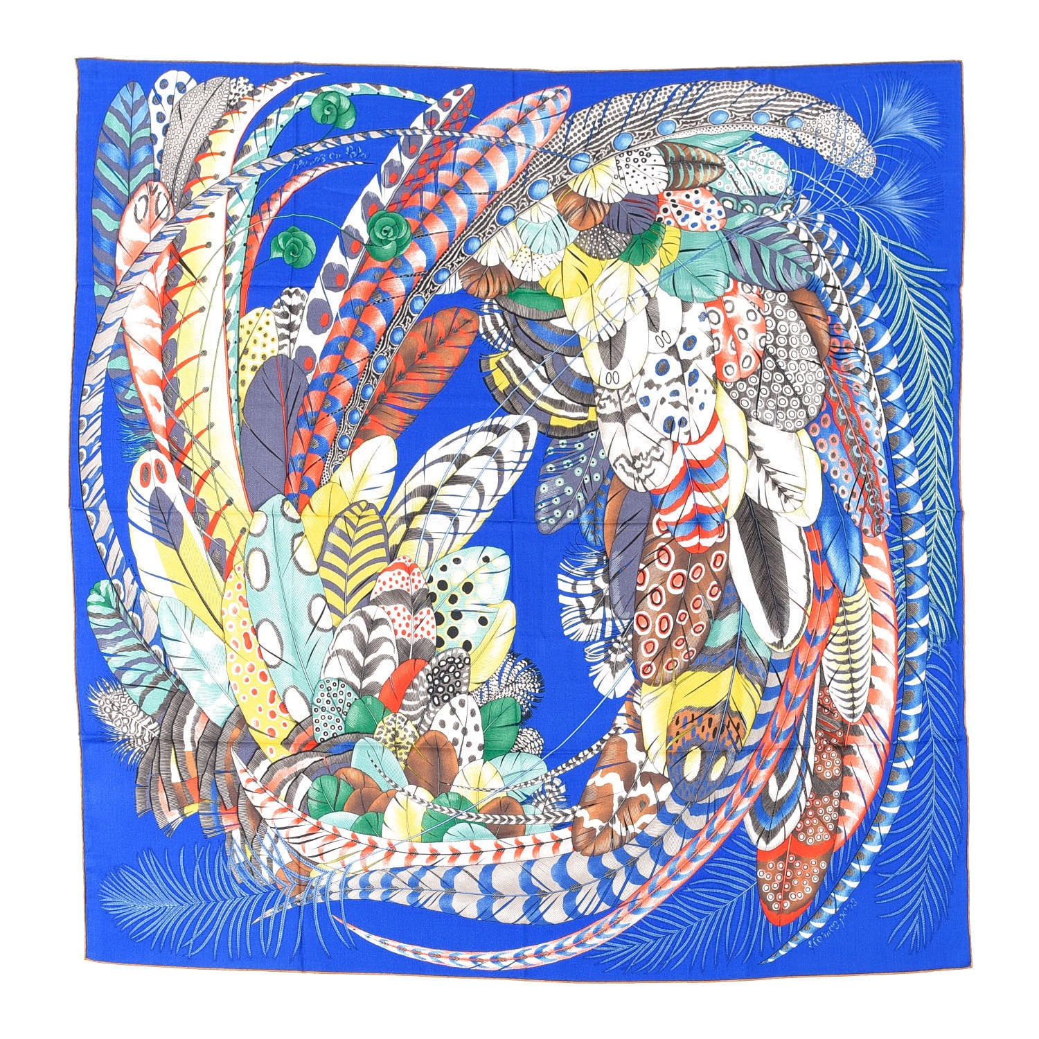 Hermes Cashmere Silk Plumes En Fete Shawl 140 Bleu Roy Jaune Rouge 1 of 7