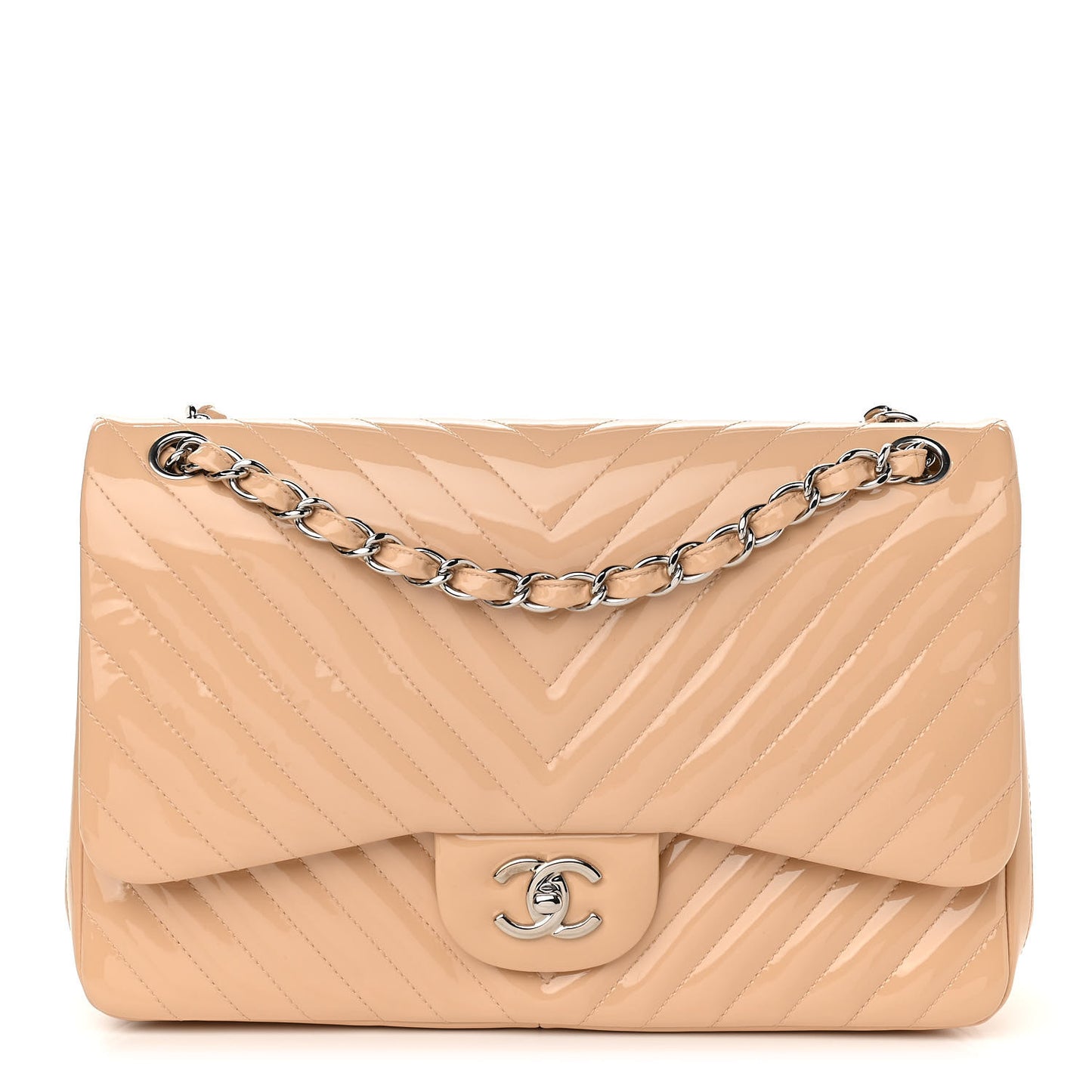 Patent Chevron Quilted Jumbo Double Flap Beige