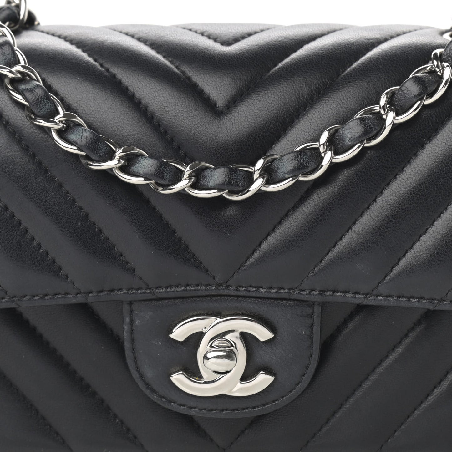 Lambskin Chevron Quilted Mini Rectangular Flap Black