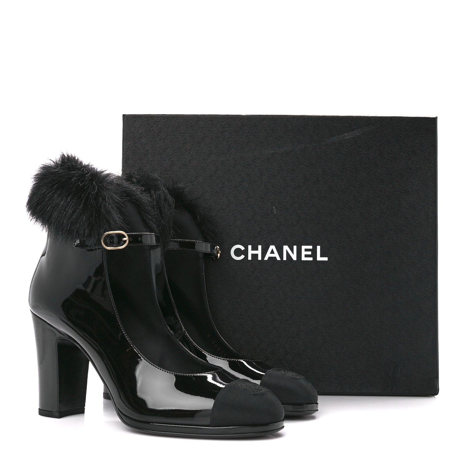 Chanel Patent Shearling Lambskin Cap Toe Mary Jane Pumps 39 Black 9 of 9