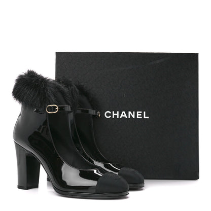 Chanel Patent Shearling Lambskin Cap Toe Mary Jane Pumps 39 Black 9 of 9