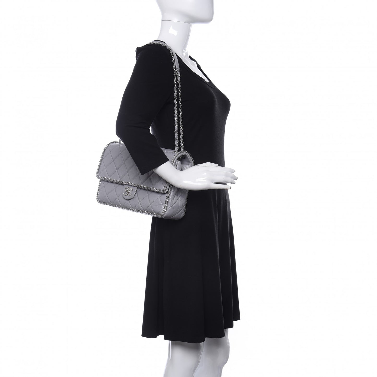 Crumpled Calfskin Large Chain All Over Flap Grey
