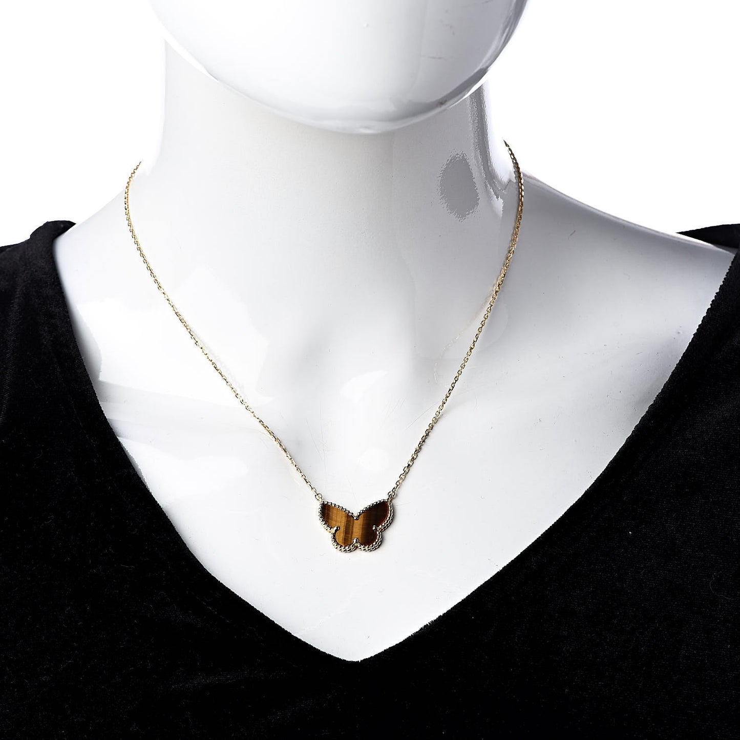 18K Yellow Gold Tiger Eye Lucky Alhambra Butterfly Pendant Necklace