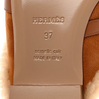 Hermes Suede Goatskin Woolskin Womens Oz Mules 37 Naturel 9 of 9