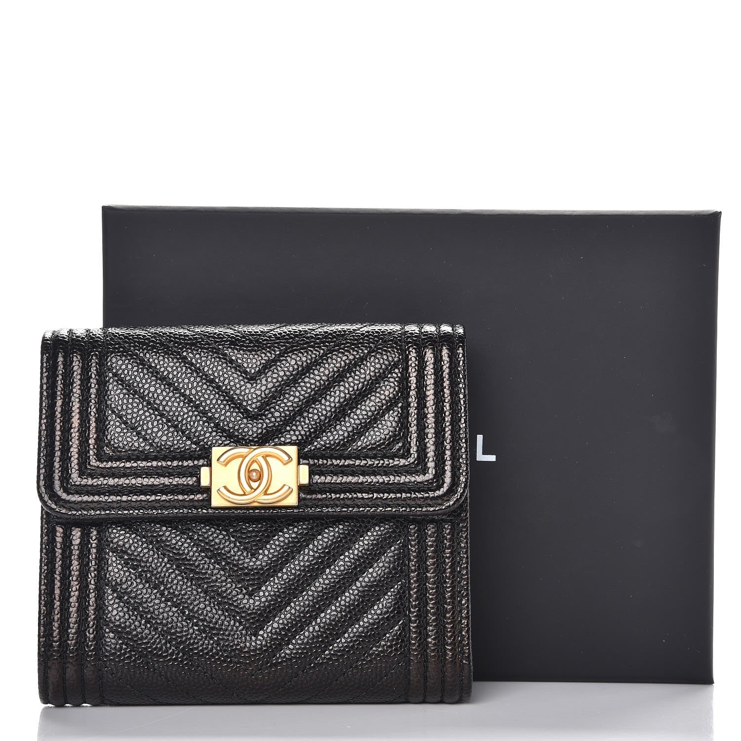 Chanel Caviar Chevron Quilted Boy Compact Wallet Black 9 of 9