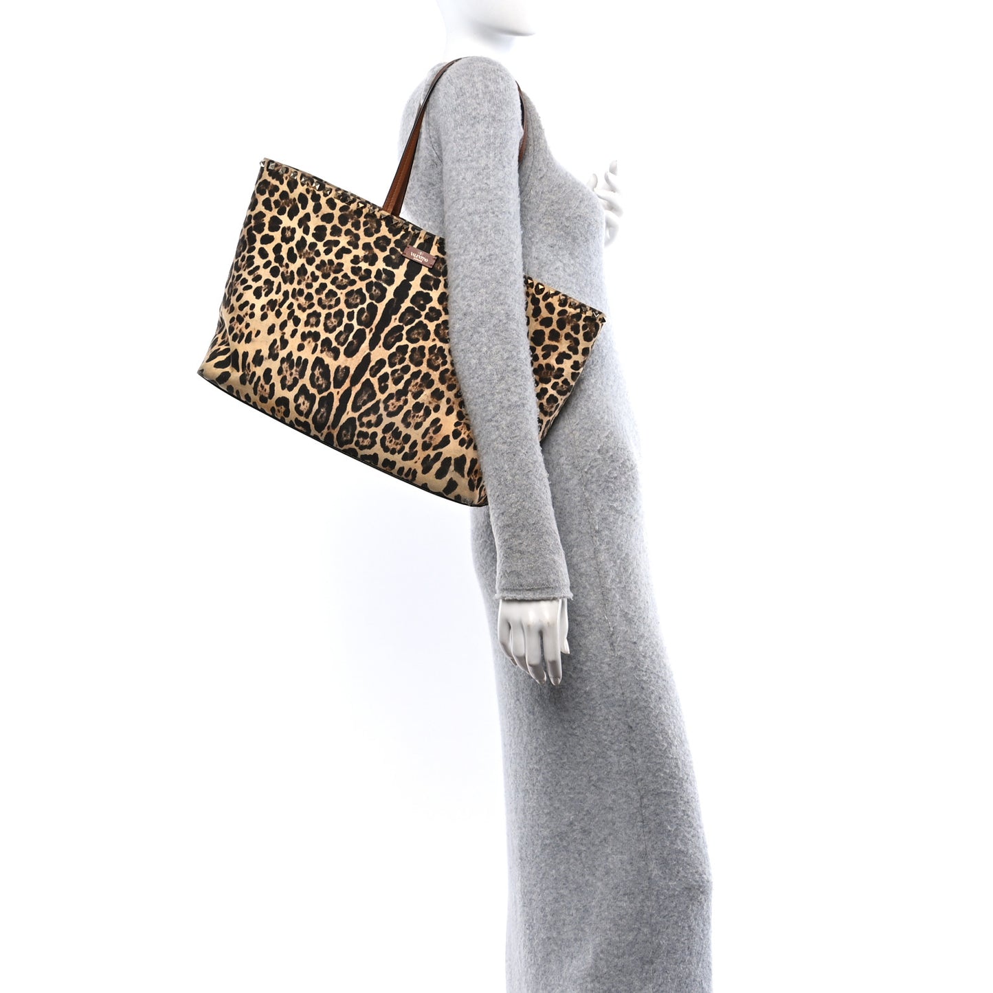 Canvas Nappa Leopard Print Rockstud Tote Brown