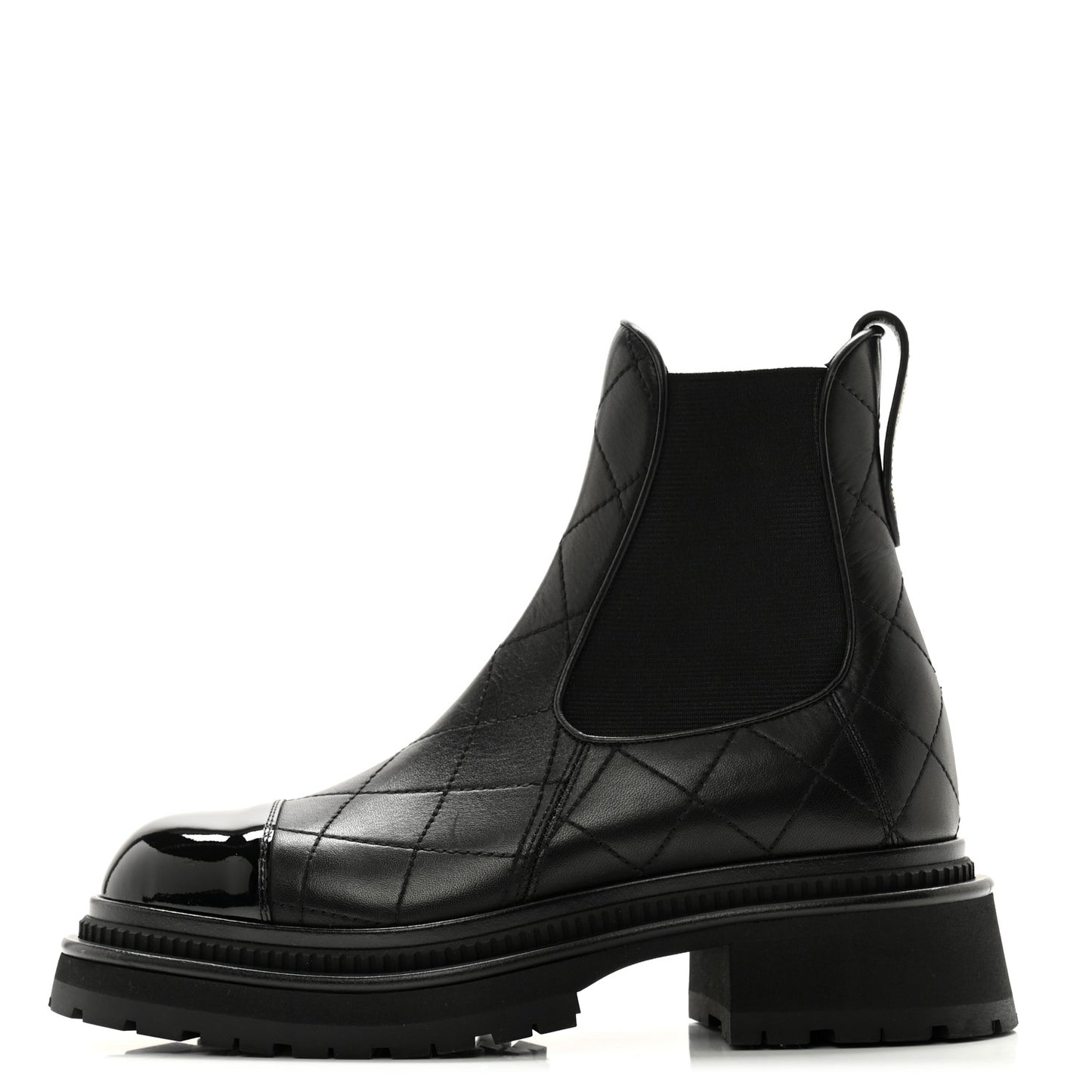 Calfskin Patent Cap Toe Quilted Short Boots 36 Black