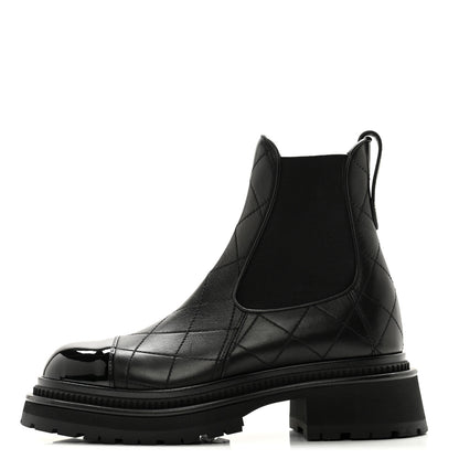 Chanel Calfskin Patent Cap Toe Quilted Short Boots 36 Black 1 of 9