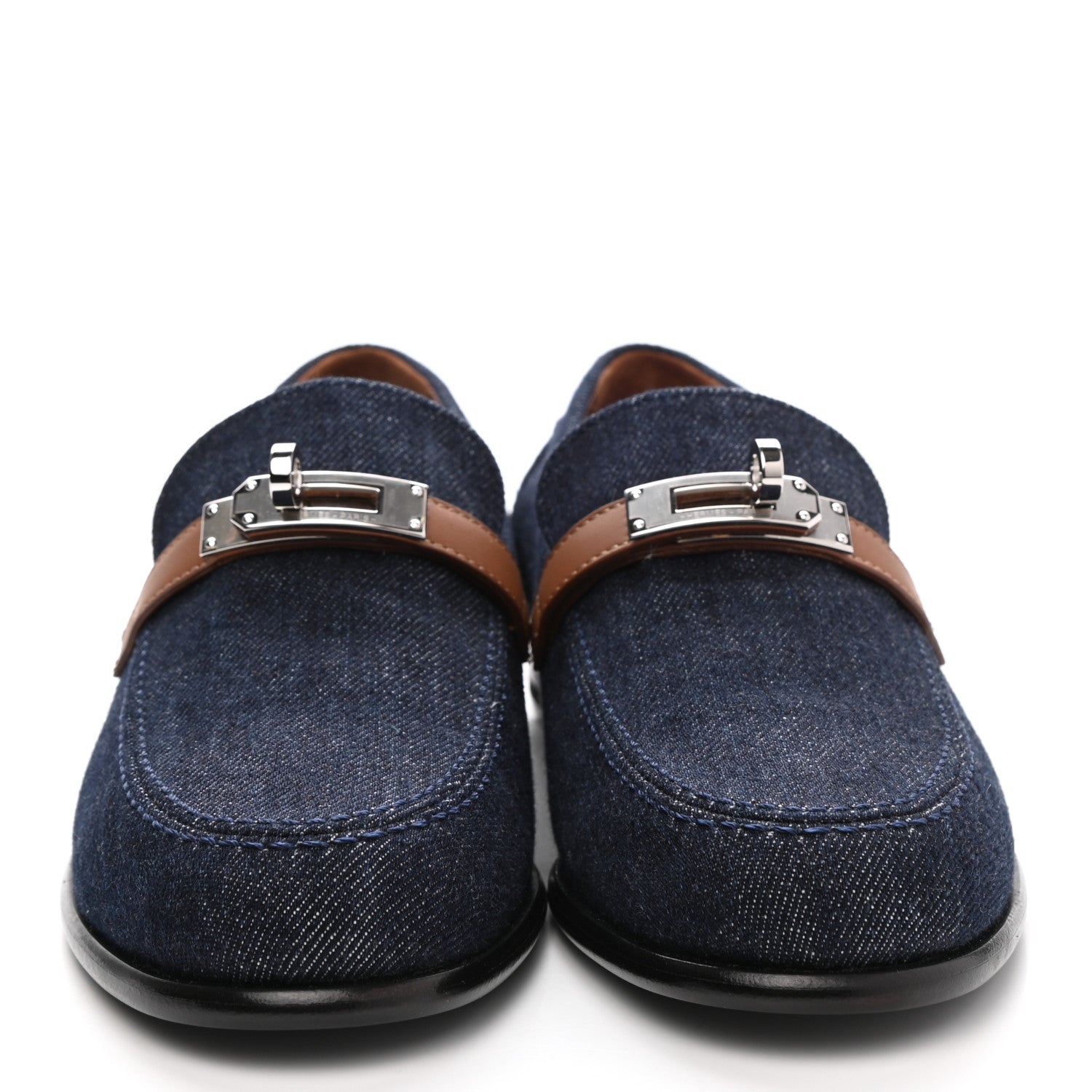 Hermes Denim Canvas Calfskin Womens Destin Loafer 36.5 Bleu Brut Gold 2 of 9