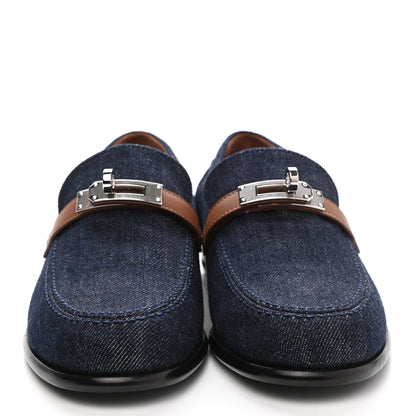 Hermes Denim Canvas Calfskin Womens Destin Loafer 36.5 Bleu Brut Gold 2 of 9