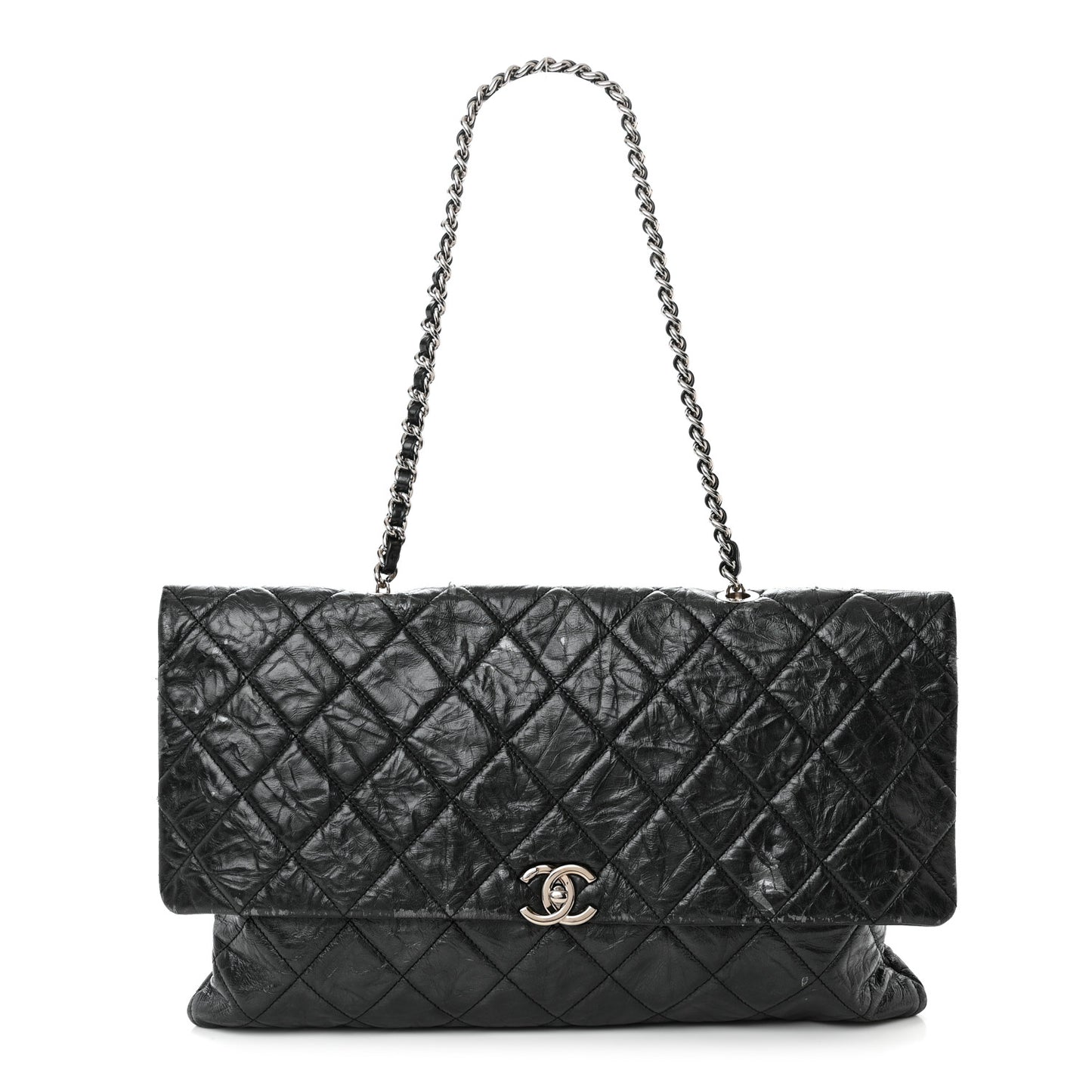 Metallic Crumpled Calfskin Big Bang Large Flap Bag Black