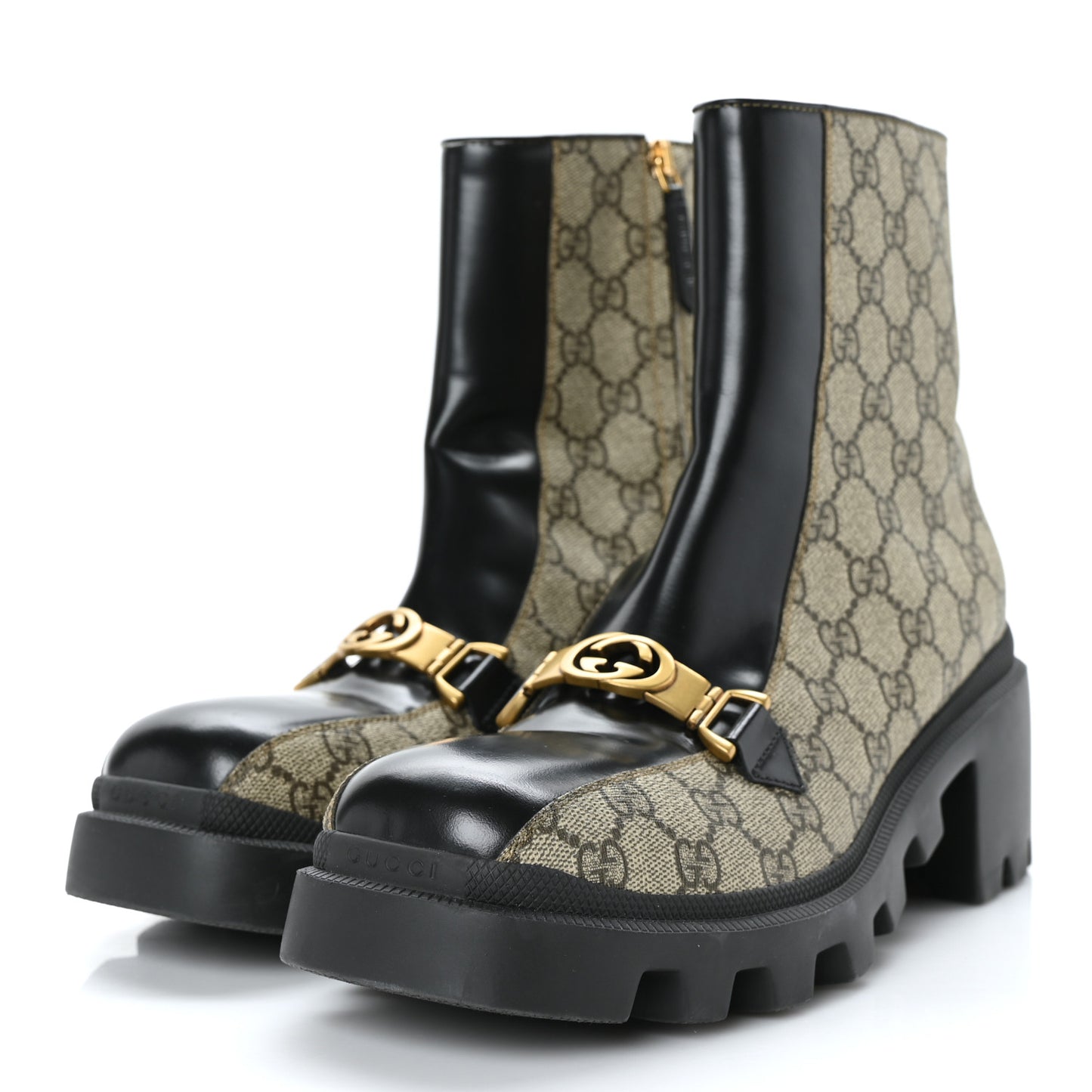 GG Supreme Monogram Magnum Calfskin Interlocking G Womens Lug Sole Ankle Boots 41 Beige Ebony Black