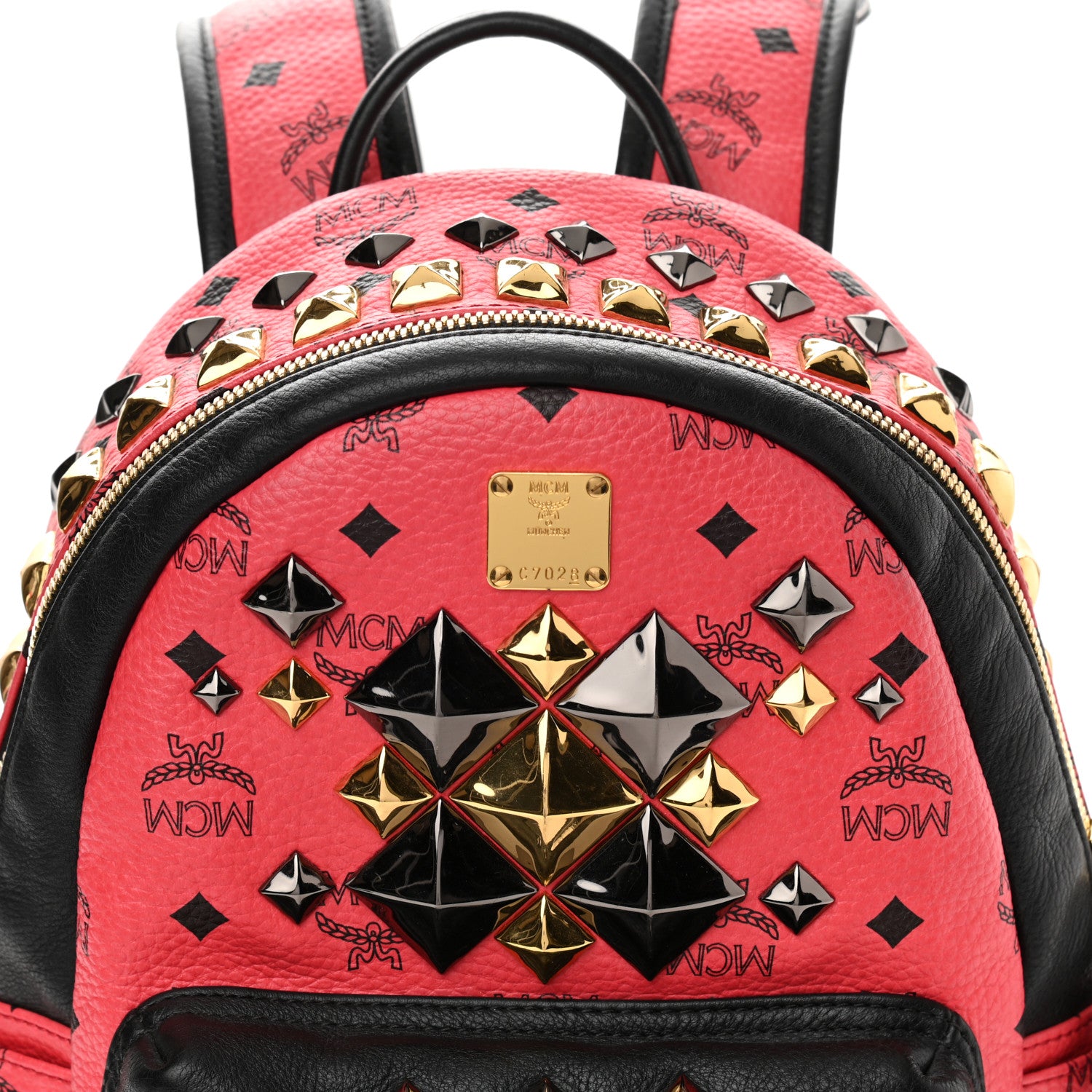 MCM Visetos Studded Colorblock Small Stark Brock Backpack Coral Black 8 of 12