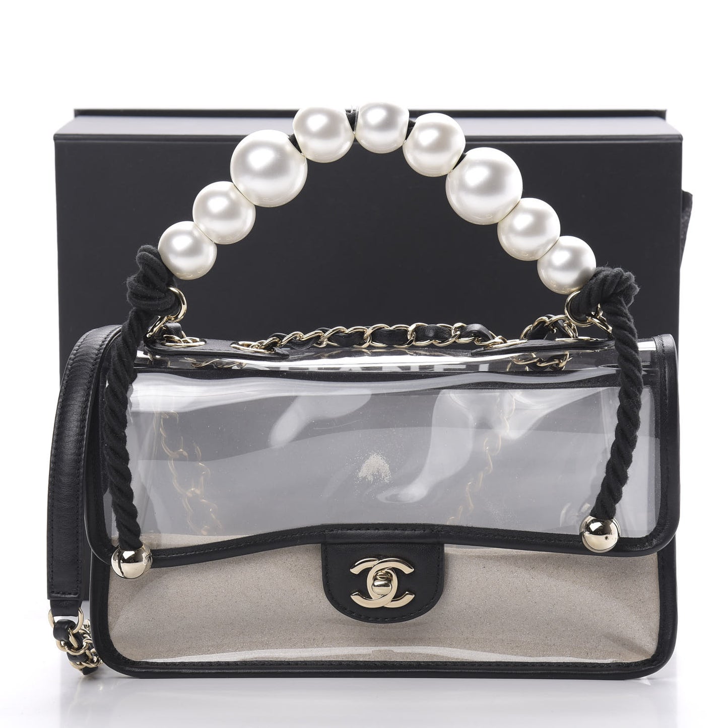 Lambskin PVC Sand By The Sea Flap With Pearl Strap Black