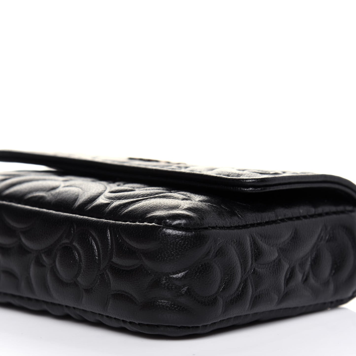 Lambskin Camellia Embossed Chain Belt Bag Black