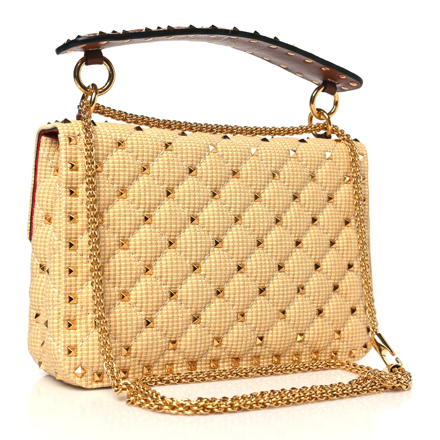 Valentino Garavani Raffia Medium Rockstud Spike Shoulder Bag Natural Tan 3 of 8