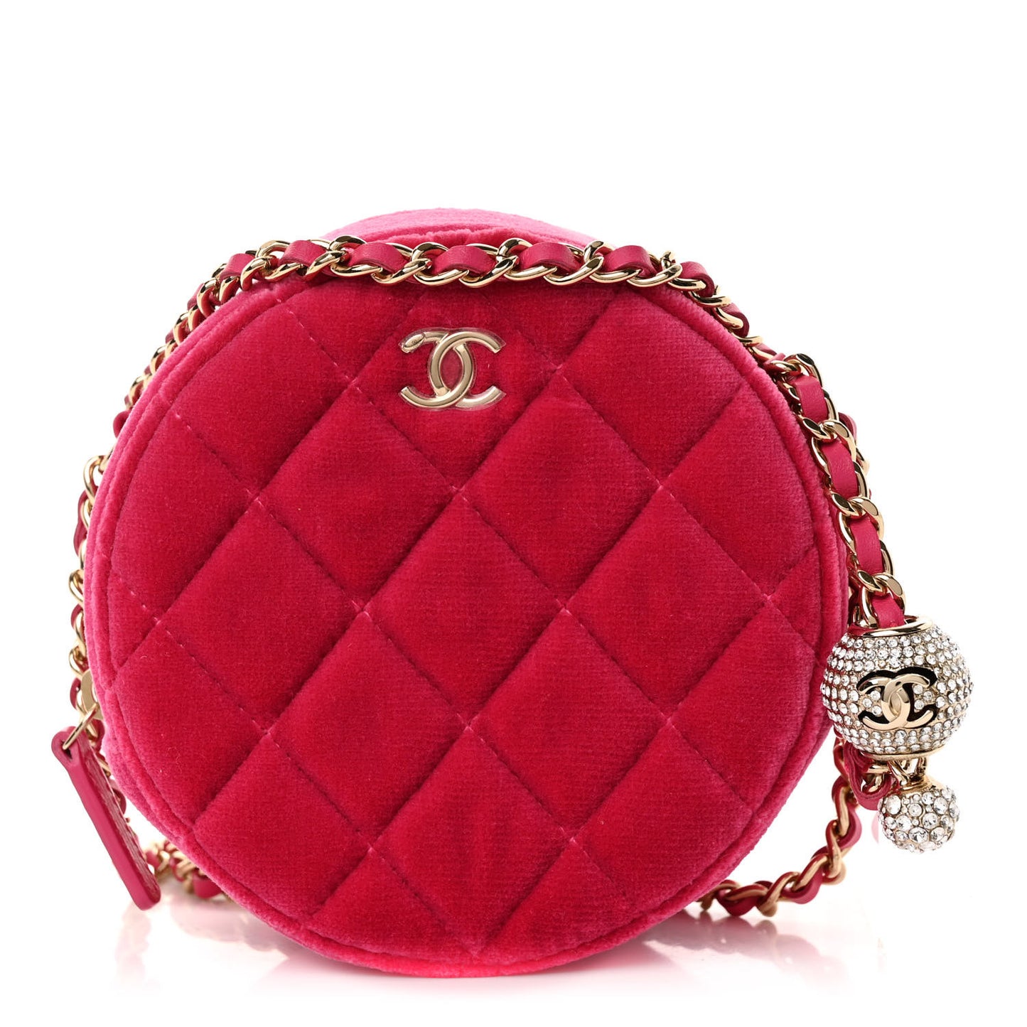 Velvet Round Quilted Pearl Crush Clutch With Chain Pink
