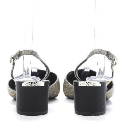 Chanel Glitter Grosgrain Cap Toe CC Slingback Pumps 40 Silver Black 4 of 10