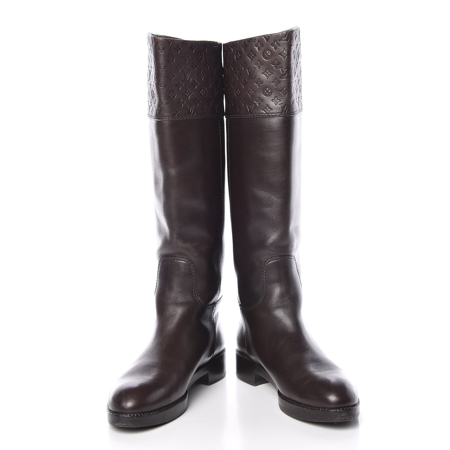 Calfskin Embossed Monogram Knee High Riding Boots 37 Brown