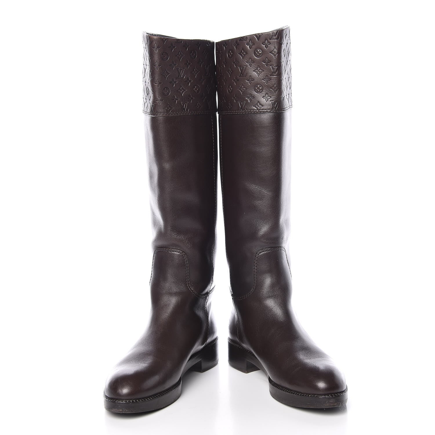 Louis Vuitton Calfskin Embossed Monogram Knee High Riding Boots 37 Brown 5 of 15