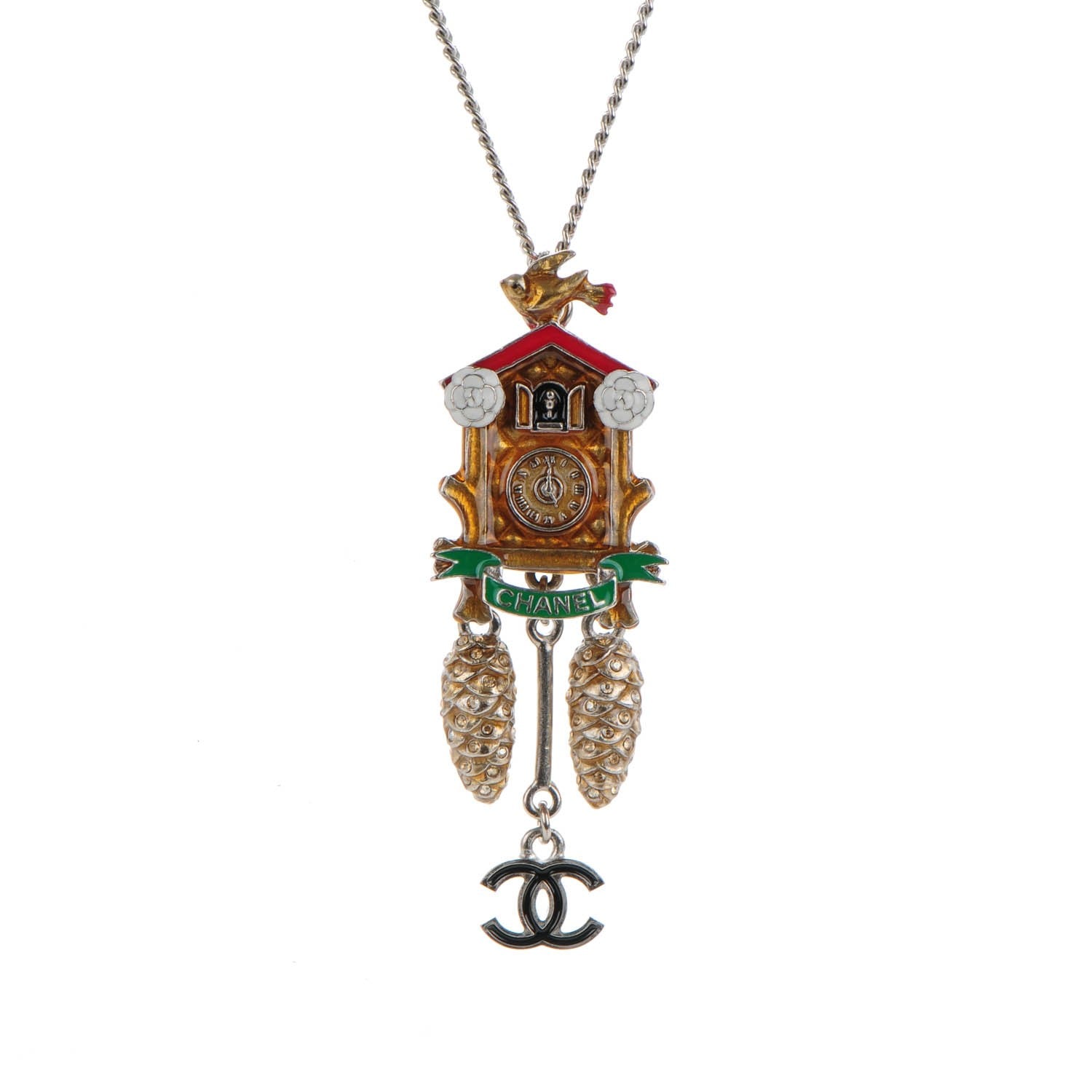 Chanel Enamel Paris Salzburg Cuckoo Clock CC Charm Necklace Silver 3 of 5