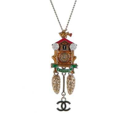 Chanel Enamel Paris Salzburg Cuckoo Clock CC Charm Necklace Silver 3 of 5