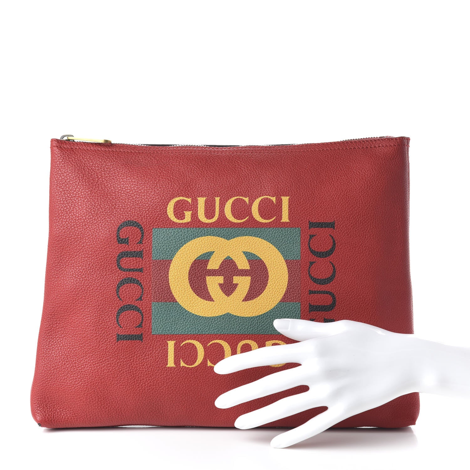 Gucci Pebbled Calfskin Medium Logo Portfolio Clutch Hibiscus Red 2 of 10