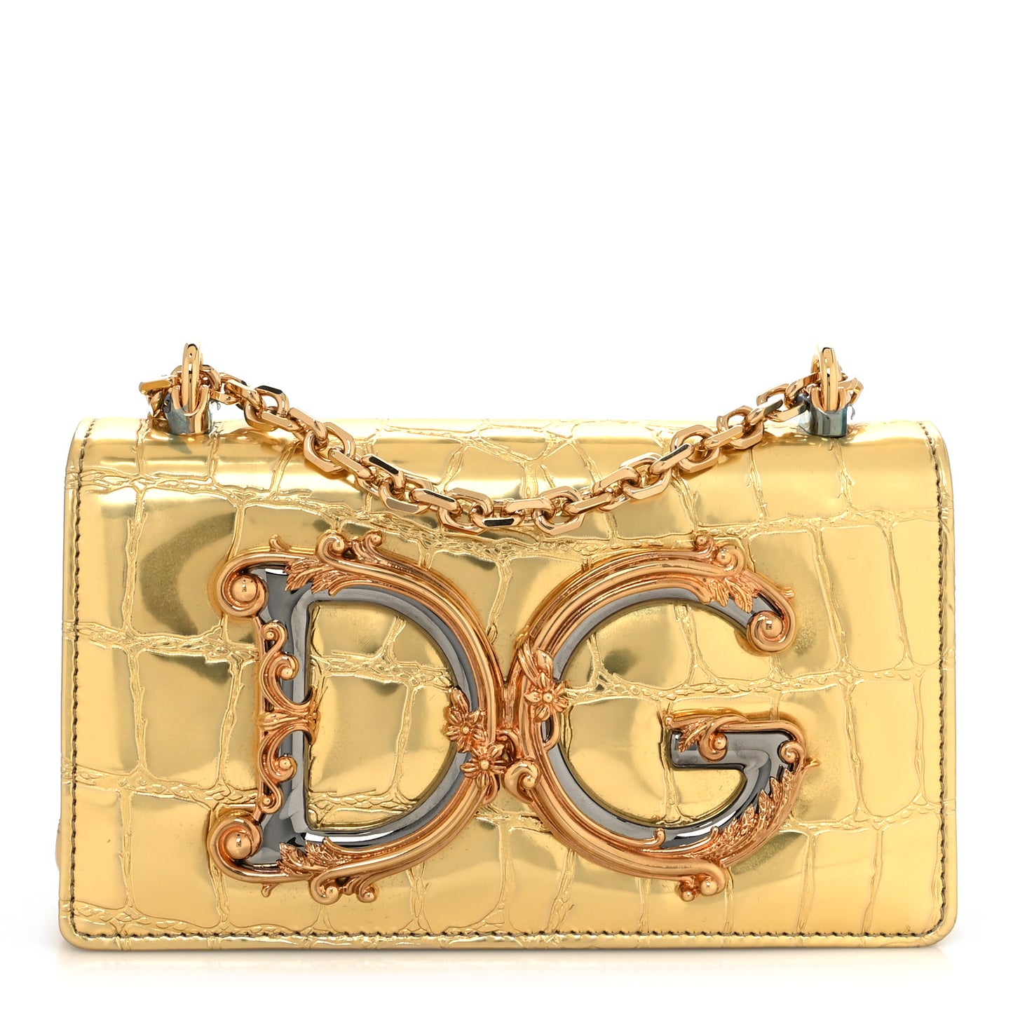 Metallic Calfskin Crocodile Embossed DG Girls Shoulder Bag Gold