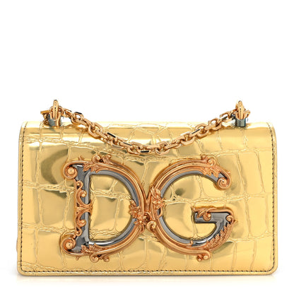 Dolce & Gabbana Metallic Calfskin Crocodile Embossed DG Girls Shoulder Bag Gold 1 of 10