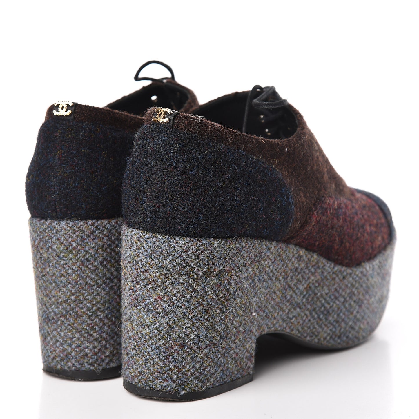 Tweed Lace Up Platform Oxford 40.5 Burgundy Navy Grey