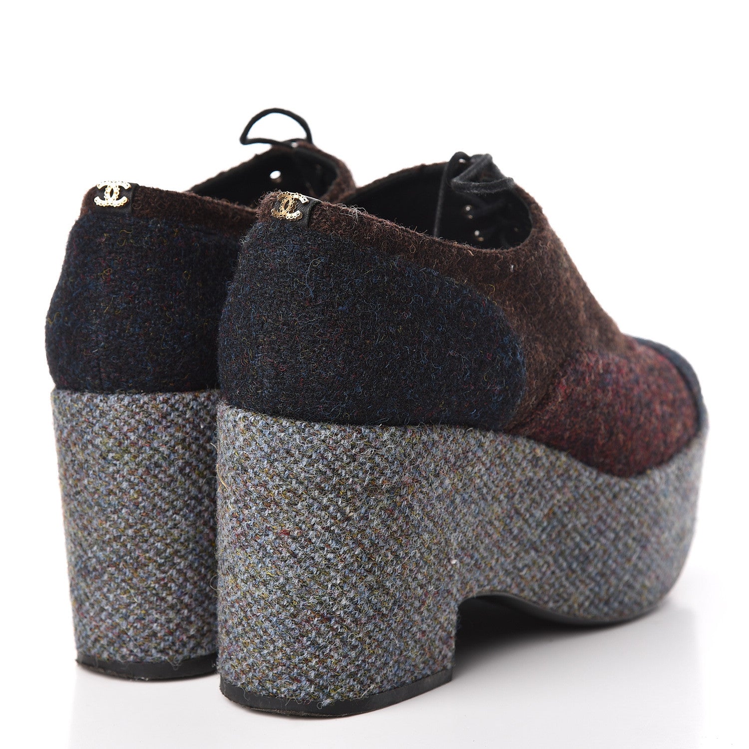 Chanel Tweed Lace Up Platform Oxford 40.5 Burgundy Navy Grey 4 of 13