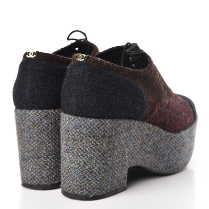 Chanel Tweed Lace Up Platform Oxford 40.5 Burgundy Navy Grey 4 of 13
