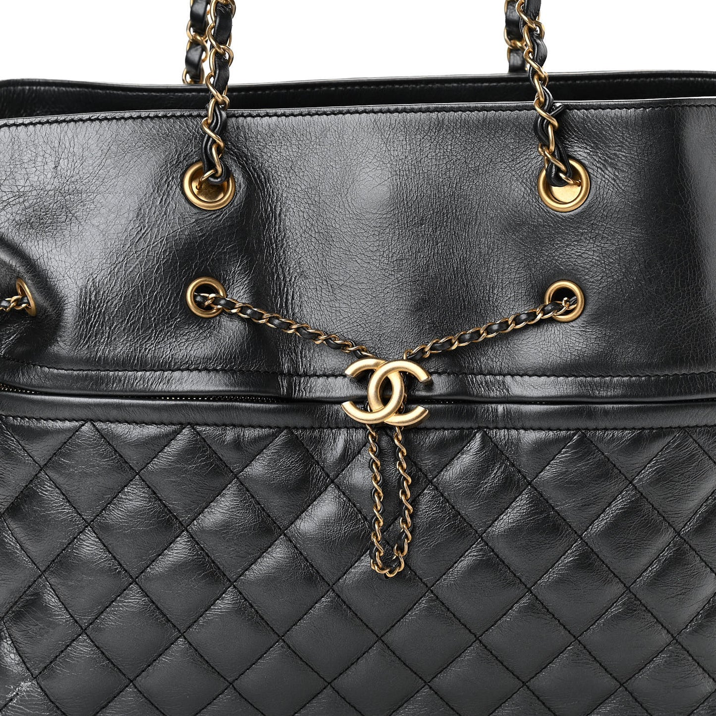 Metallic Aged Calfskin Quilted Drawstring Shopping Tote Dark Grey