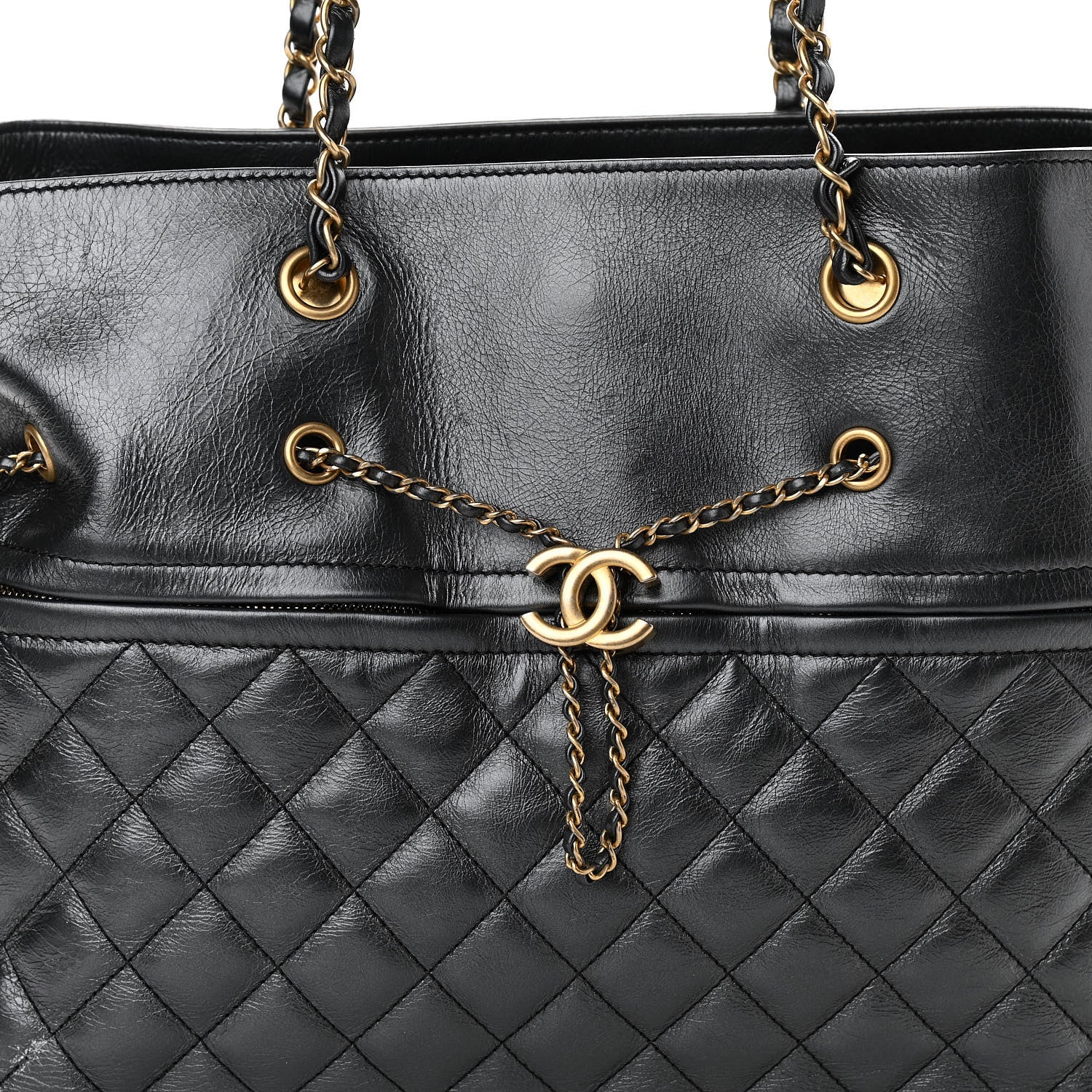 Chanel Metallic Aged Calfskin Quilted Drawstring Shopping Tote Dark Grey 7 of 14