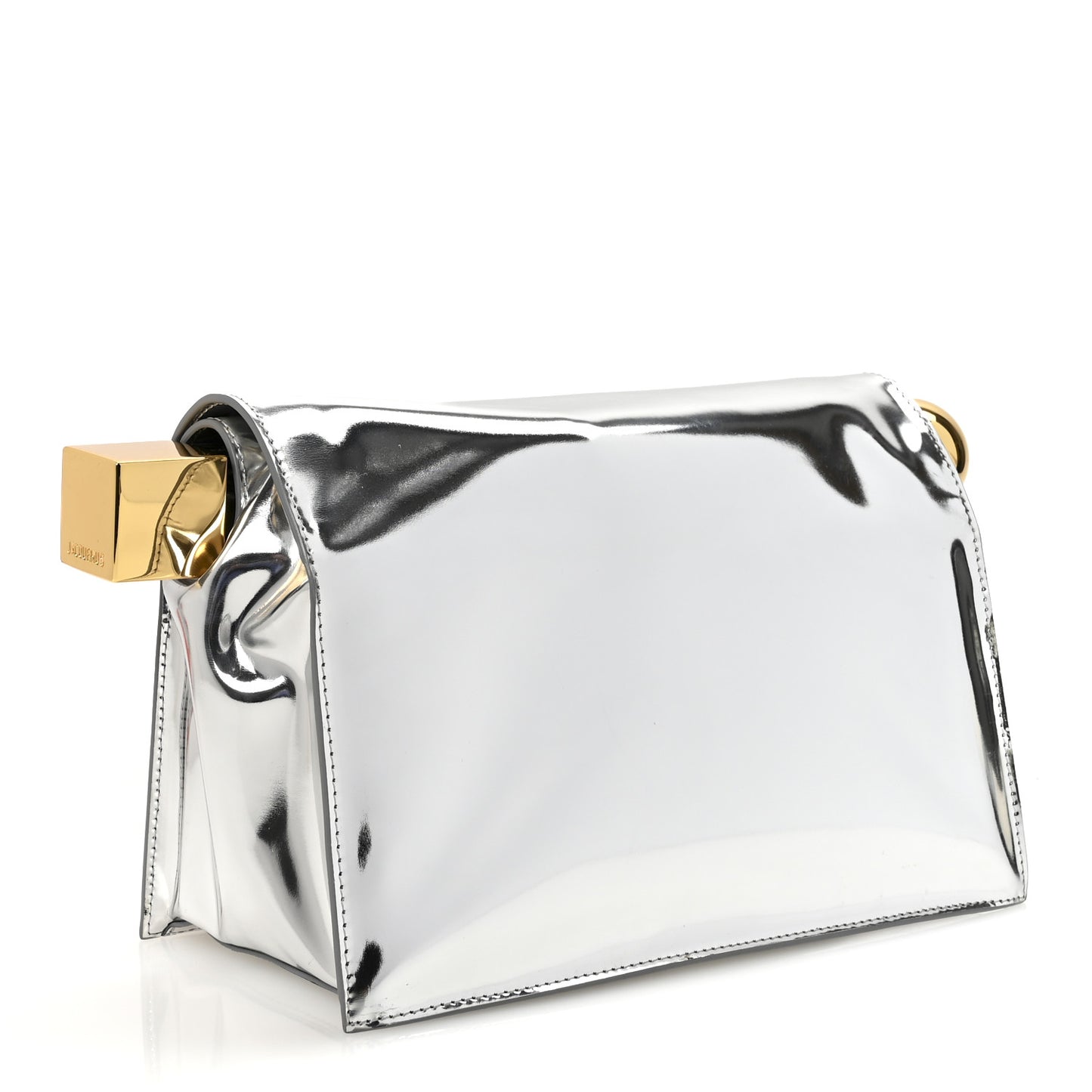 Metallic Patent Calfskin La Pochette Rond Carre Silver