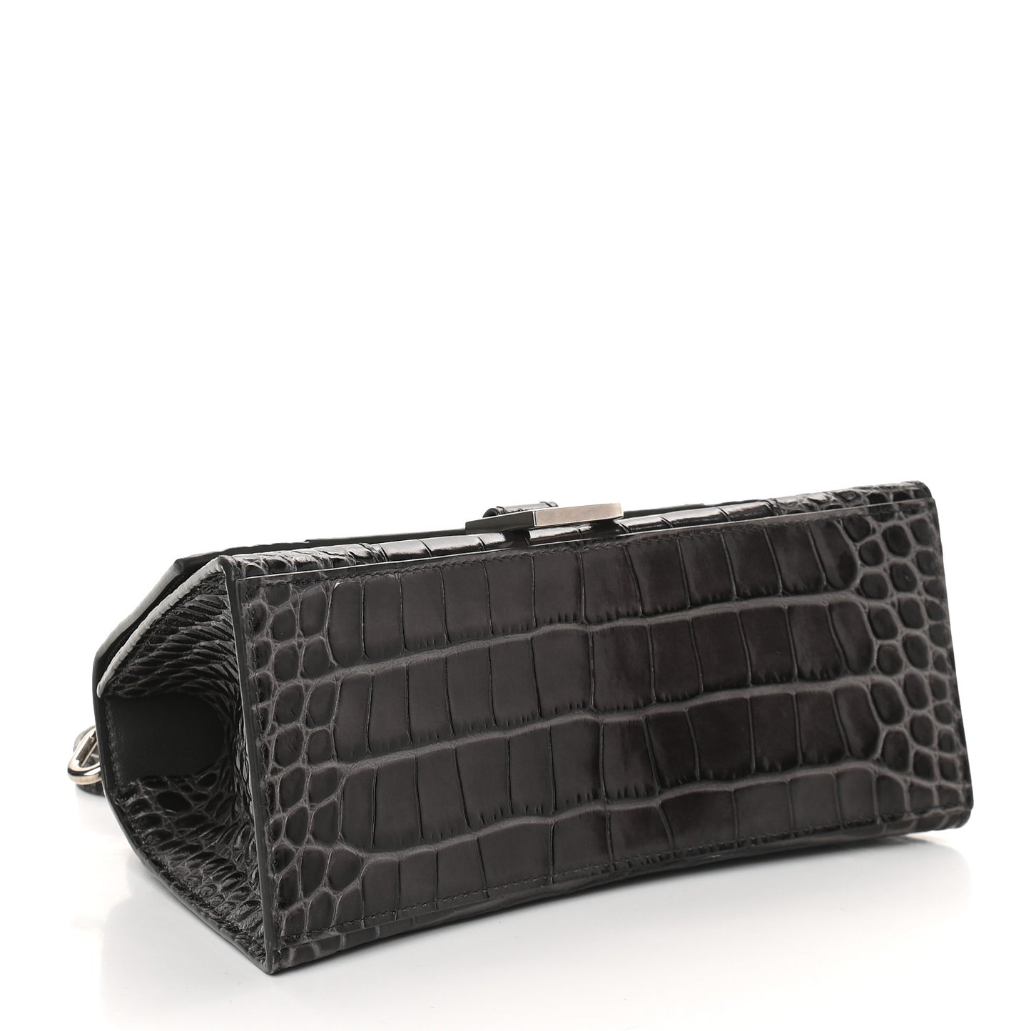 Shiny Calfskin Crocodile Embossed Small Hourglass Top Handle Bag Dark Grey