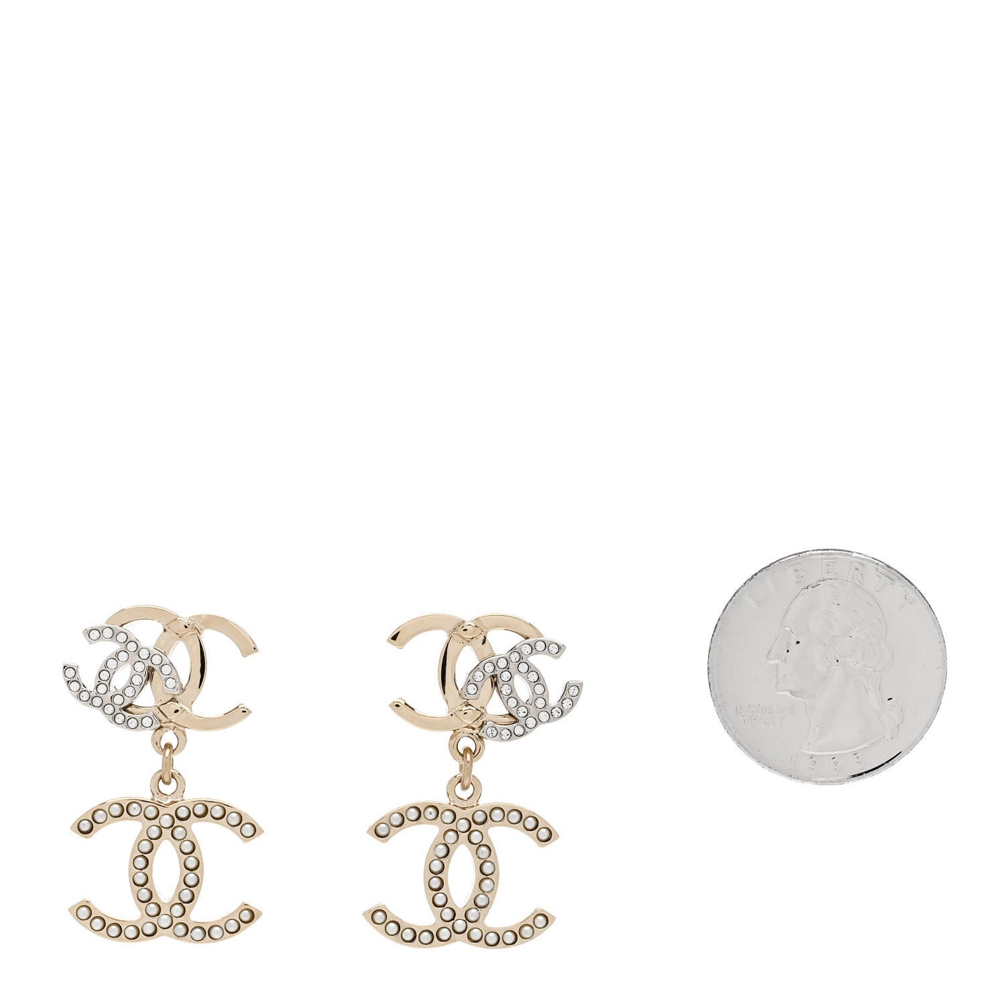 Crystal Pearl Double CC Drop Earrings Gold Silver