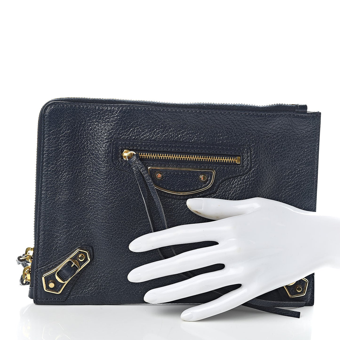 Chevre Gold Metallic Edge Hardware Pouch Bleu Nuit