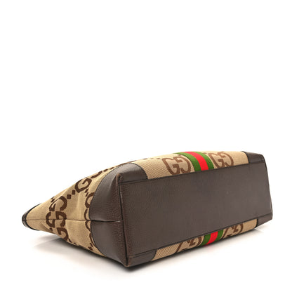 Gucci Monogram Jumbo GG Textured Dollar Calfskin Web Medium Ophidia Shopping Tote Camel Ebony 4 of 13