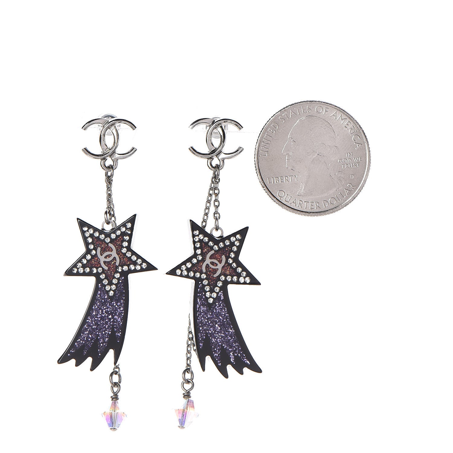 Chanel Resin Crystal CC Shooting Star Dangle Earrings Silver Purple 2 of 4