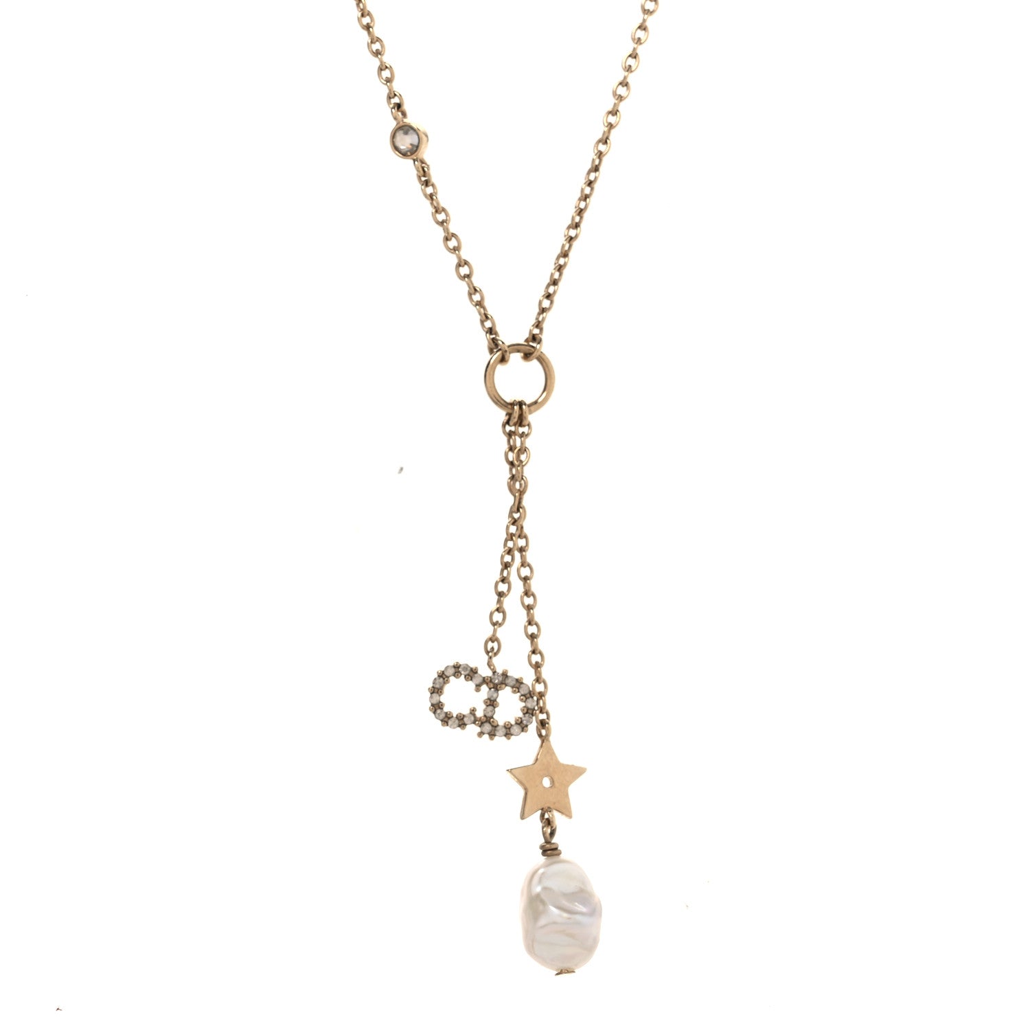 Christian Dior Crystal Pearl CD Shiny-D Tribal Long Necklace Gold