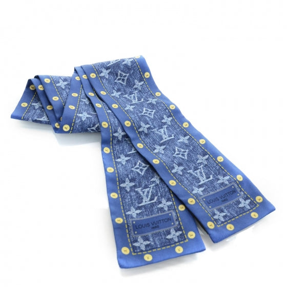 Silk Monogram Bandeau Headband Scarf Denim