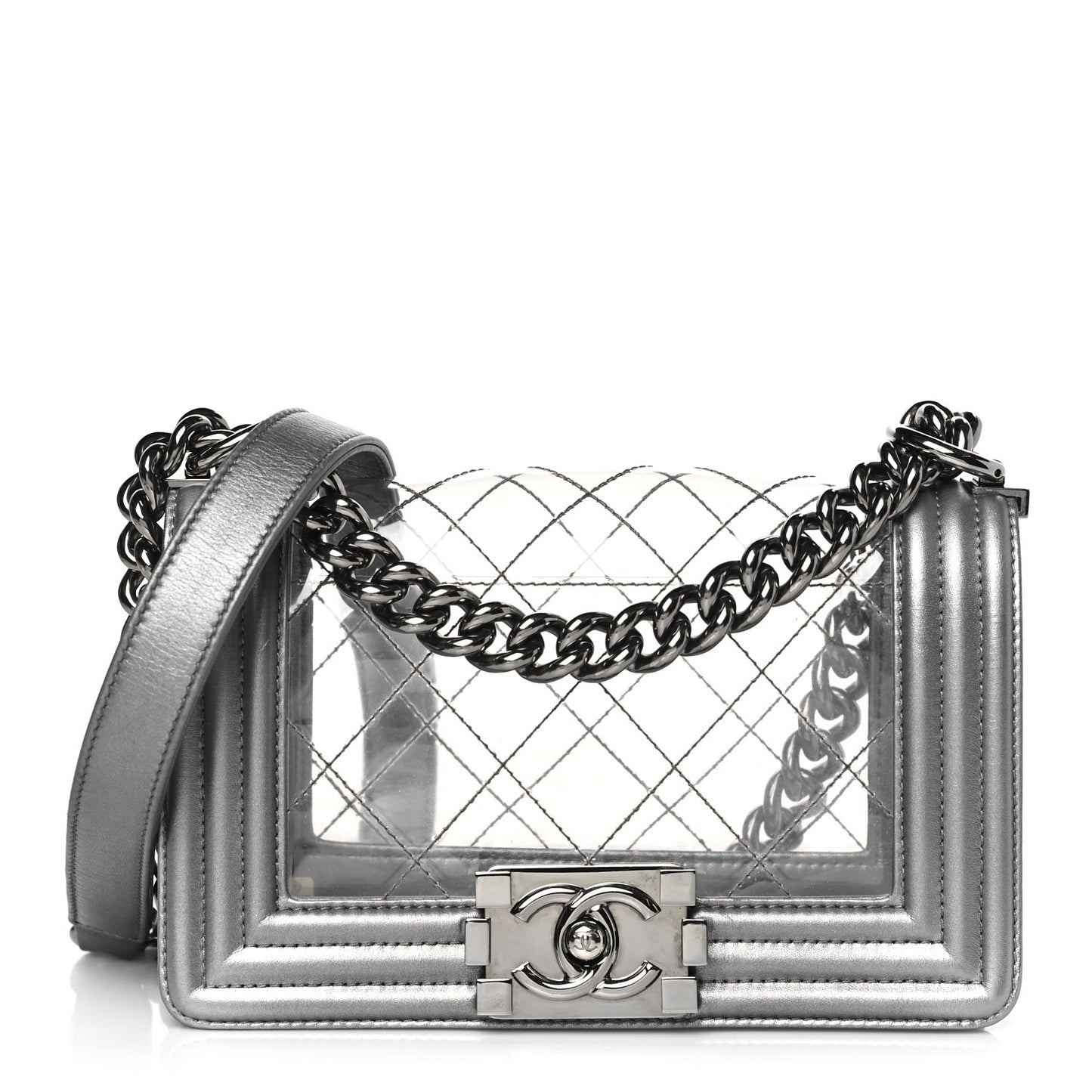 Metallic Lambskin PVC Quilted Small Boy Flap Silver