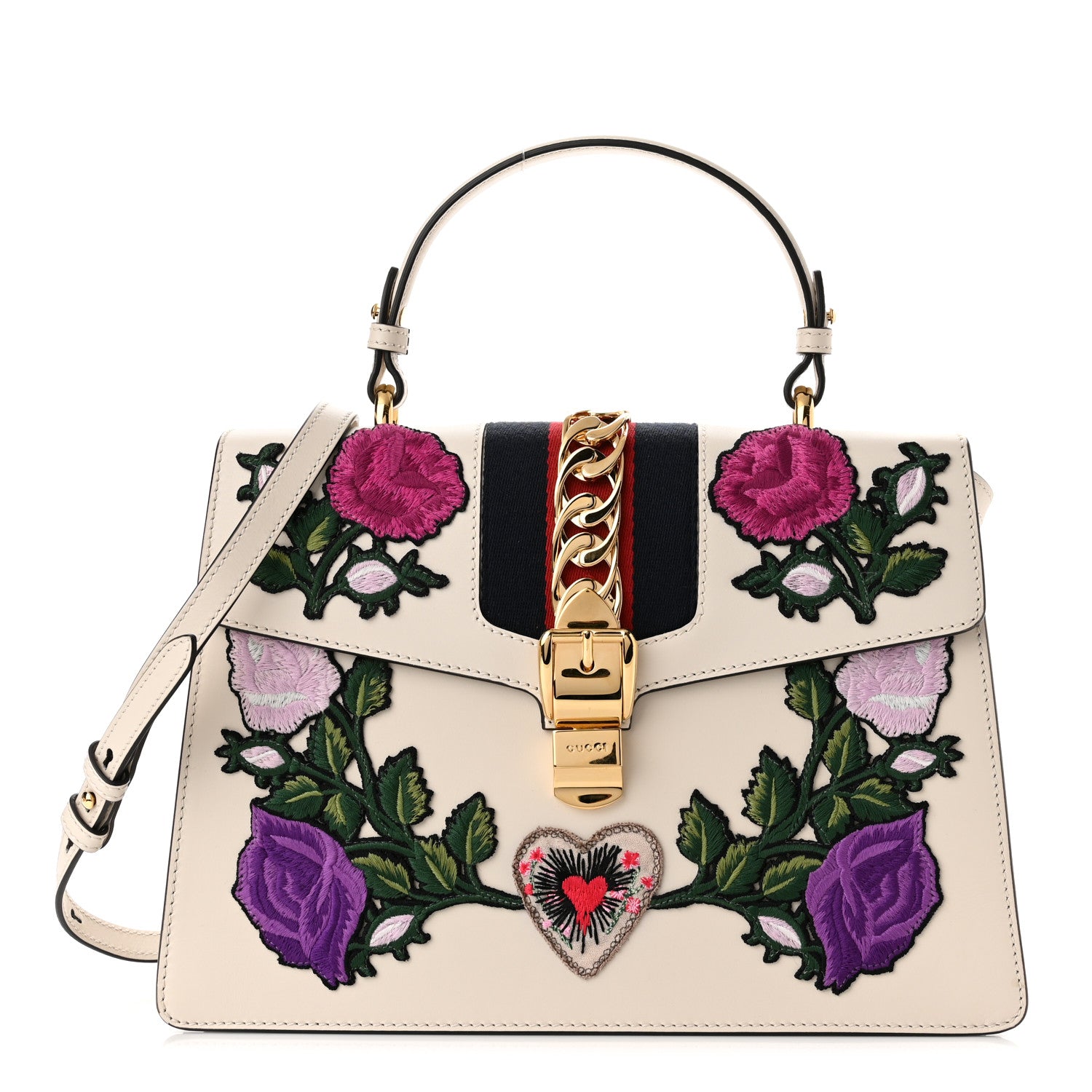 Gucci Calfskin Floral Medium Sylvie Top Handle Bag Off White 1 of 10