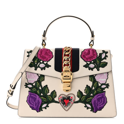 Gucci Calfskin Floral Medium Sylvie Top Handle Bag Off White 1 of 10