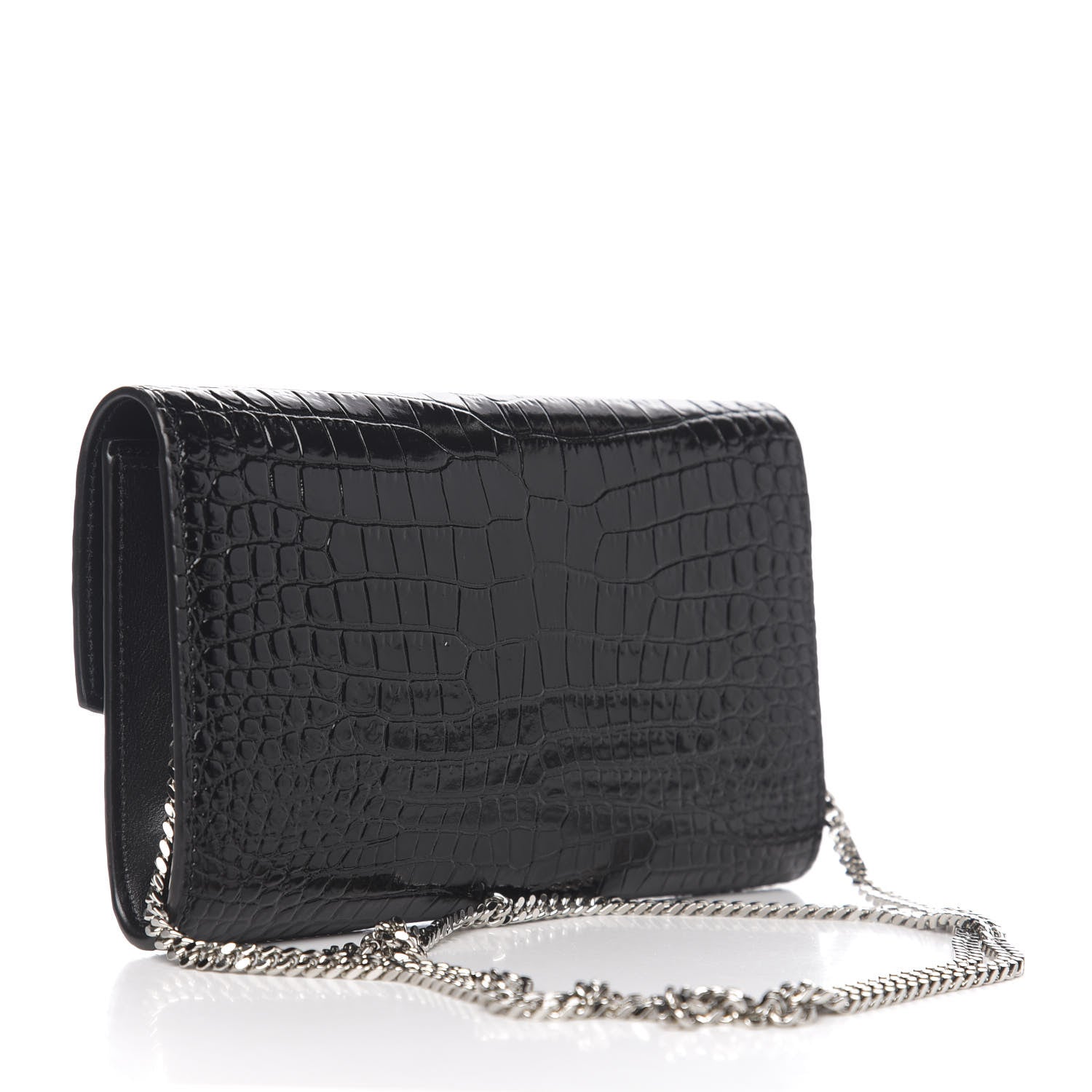 Saint Laurent Calfskin Crocodile Embossed Monogram Uptown Chain Wallet Black 2 of 9