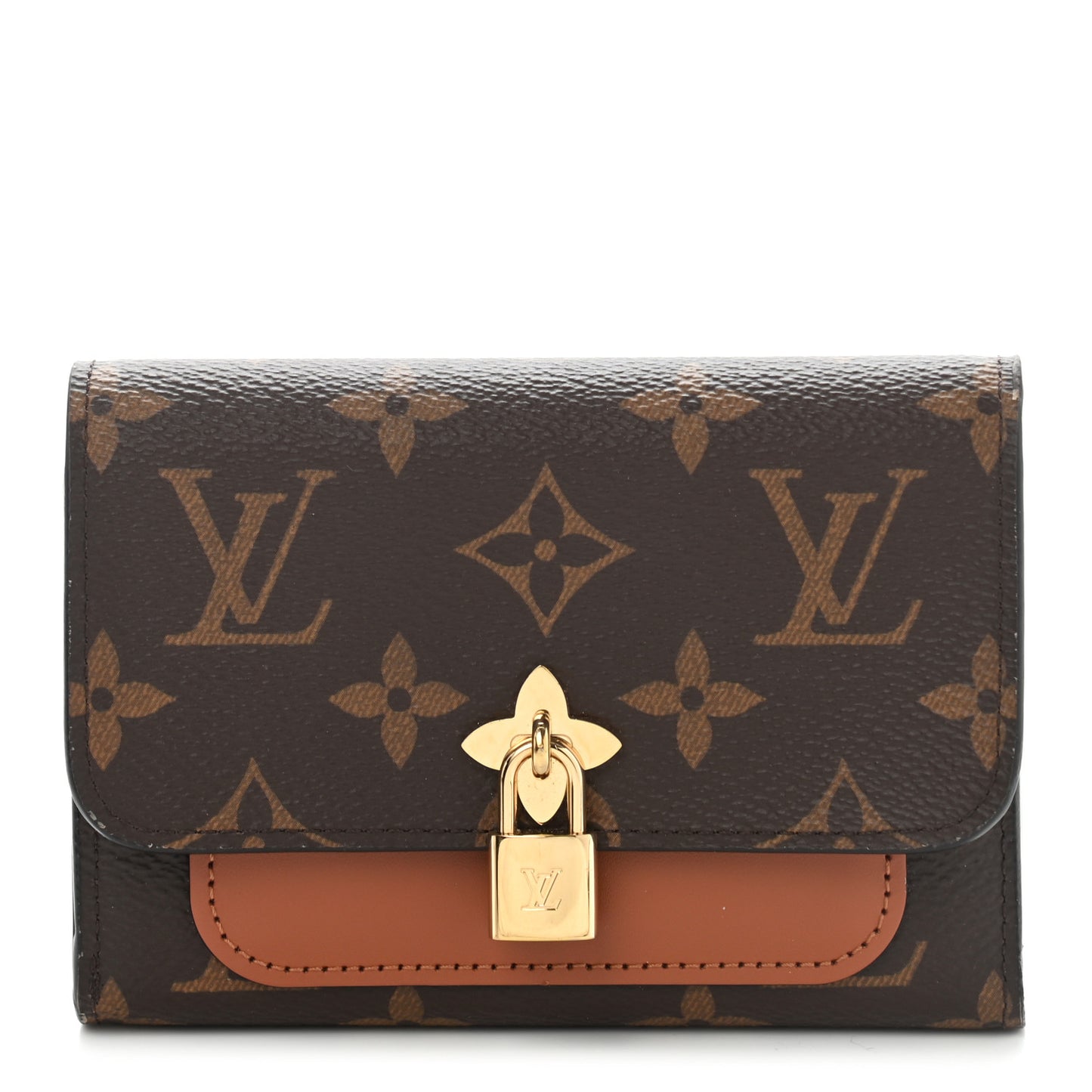 Monogram Flower Lock Compact Wallet Caramel