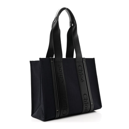 Chloe Calfskin Linen Medium Woody Tote Deep Denim 3 of 11